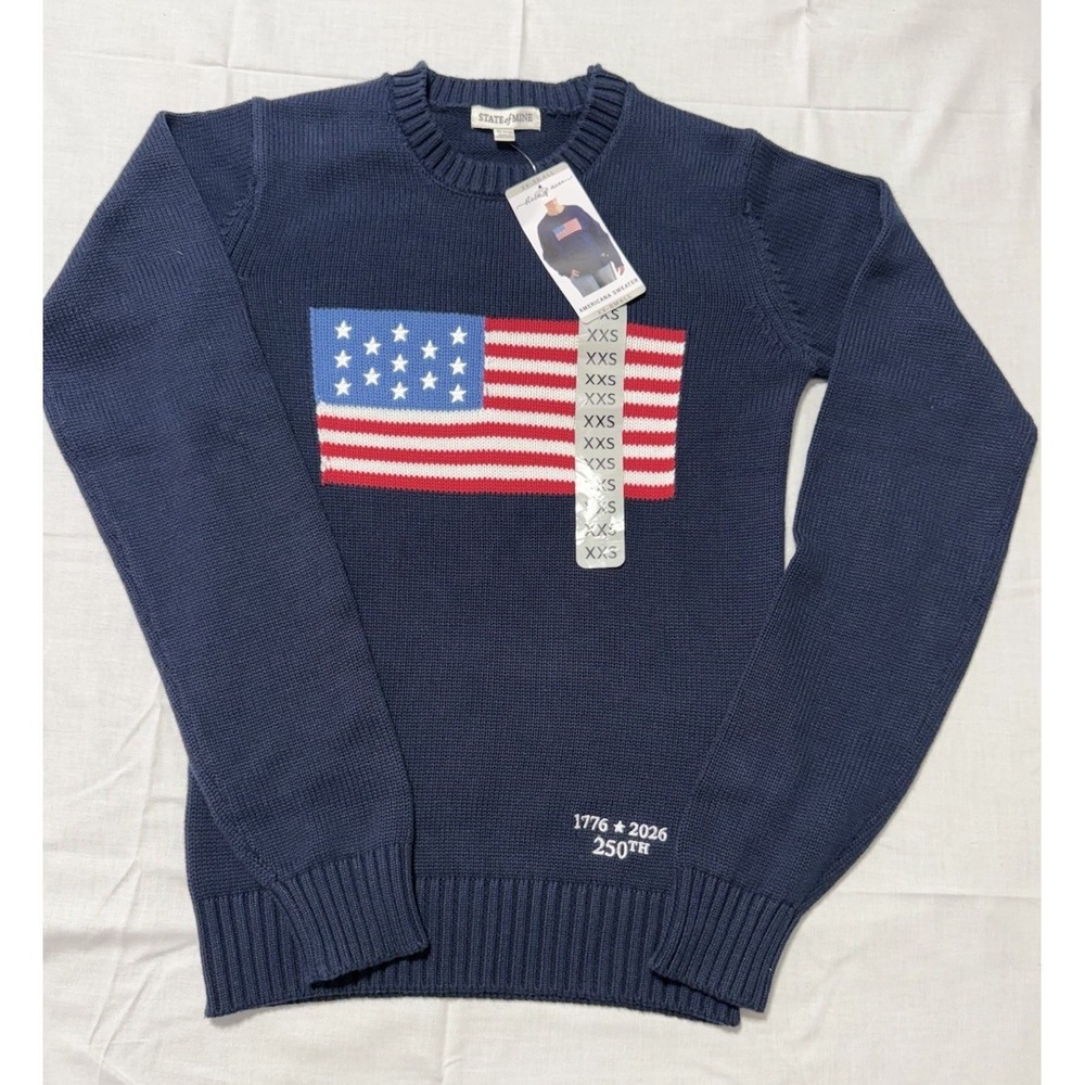NWT State of Mine Americana Flag Knit Sweater - Navy Blue - Size XXS